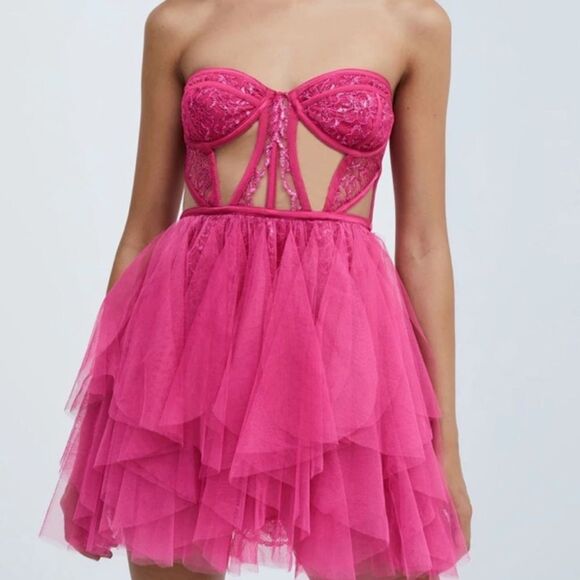 NWT For Love & Lemons Rosario Hot Pink Mini Bustier Dress XS - Picture 2 of 7